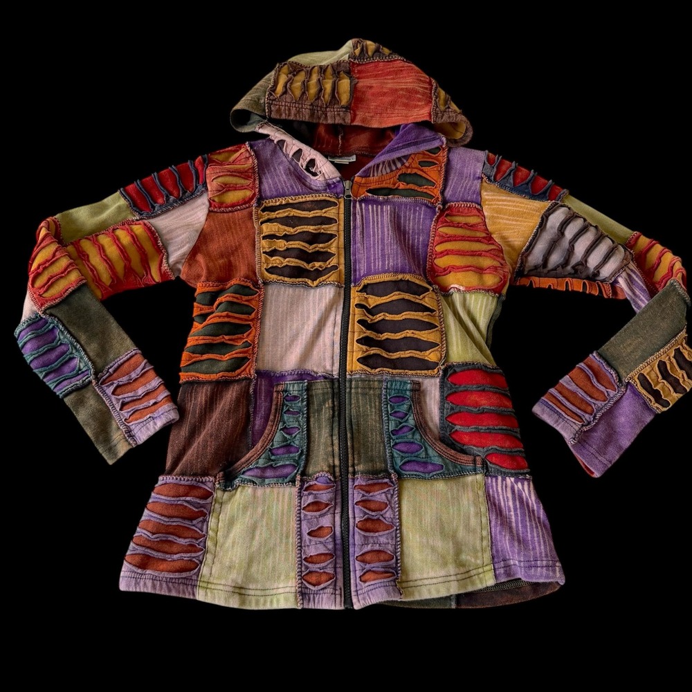 India Boutique Patchwork Fairy Boho Hoodie Womens XL Multicolor Zip Up Jacket